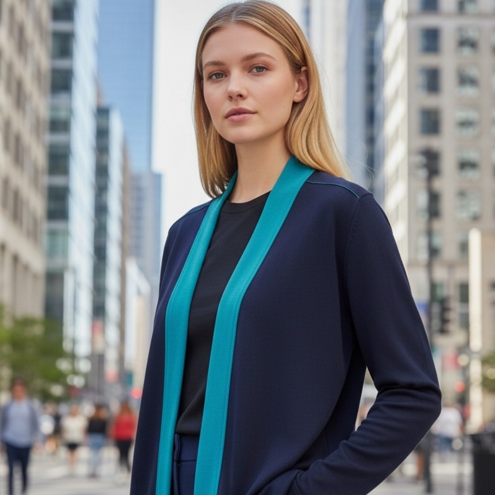 Susan Graver Navy and Teal Open Front Blazer
